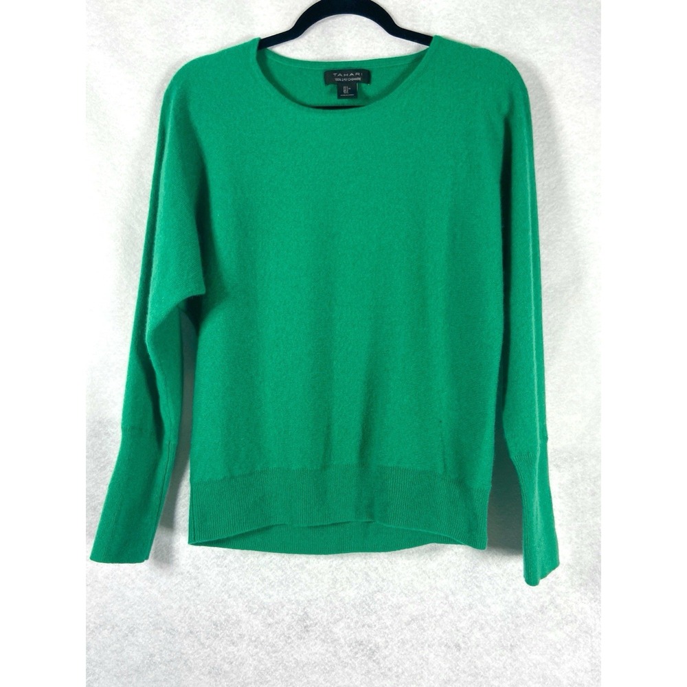 Tahari Sweater Women's Large Green Pullover 100% 2-PLY Cashmere Long Sleeve